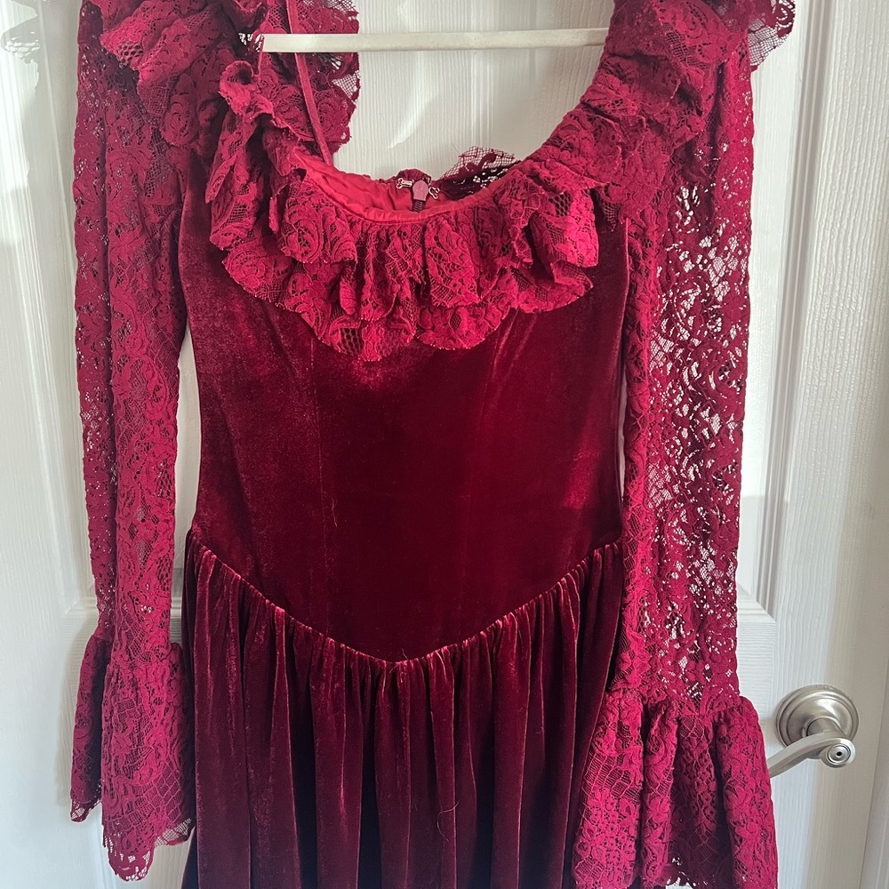 Elegant Lace Velvet Dress in Rich Red